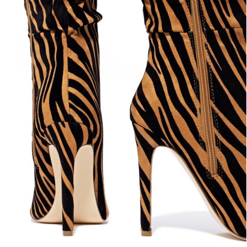 Ruched Tiger Stripe Stiletto Knee Boots - Picture 2 of 6